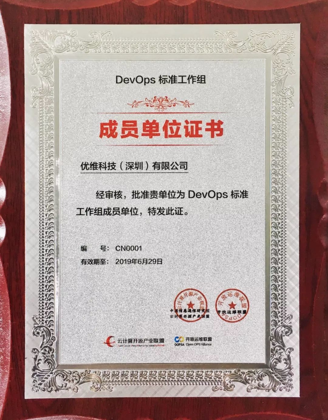 “DevOps 标准工作组成员单位”证书